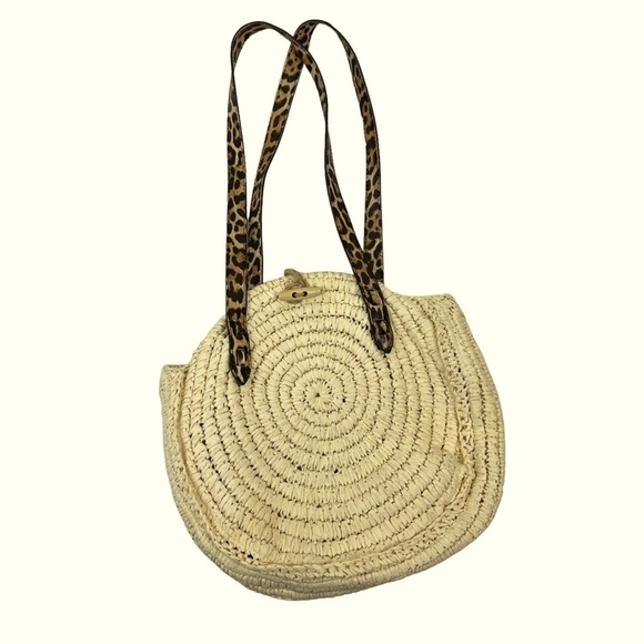 International Concepts Melania Circle Natural Tan Straw Circle Leopard Handbag - Picture 11 of 14